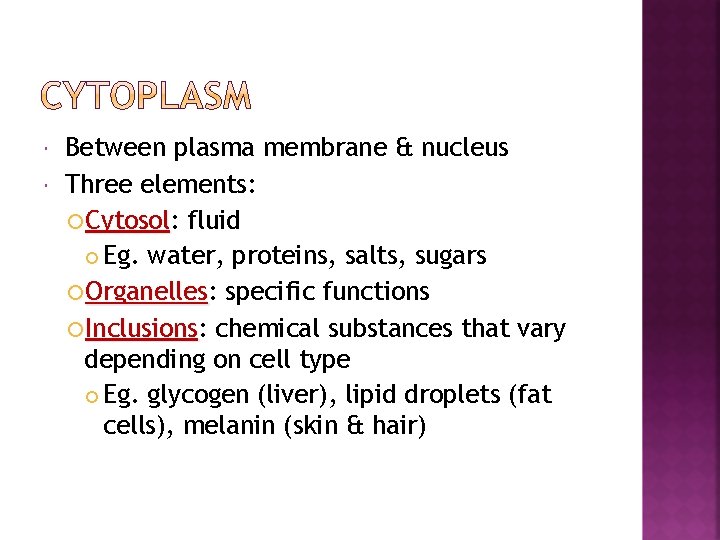  Between plasma membrane & nucleus Three elements: Cytosol: Cytosol fluid Eg. water, proteins,