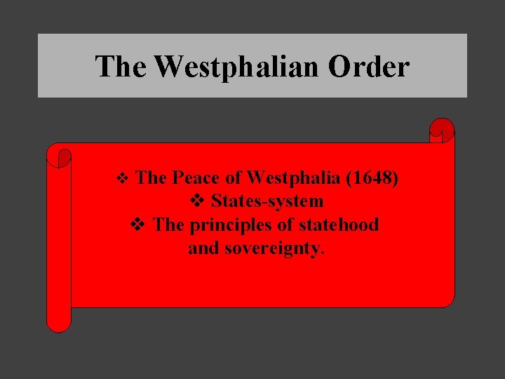 The Westphalian Order v The Peace of Westphalia (1648) v States-system v The principles