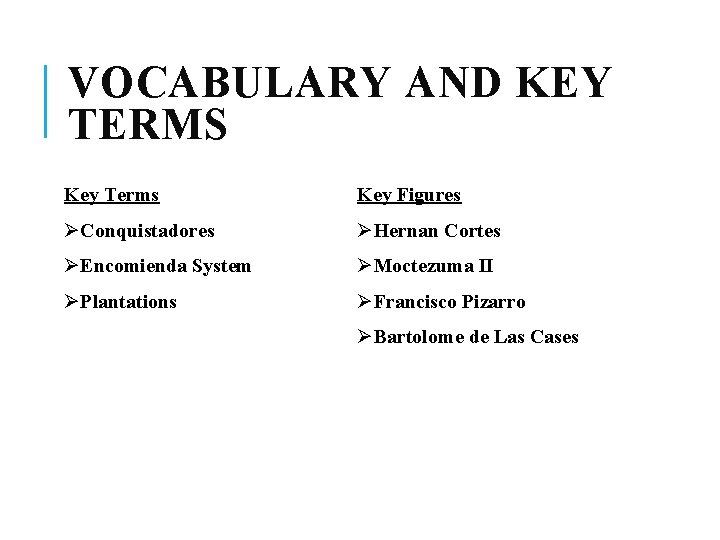 VOCABULARY AND KEY TERMS Key Terms Key Figures ØConquistadores ØHernan Cortes ØEncomienda System ØMoctezuma