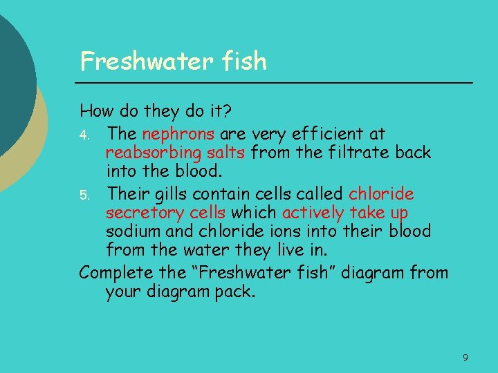 Freshwater fish How do they do it? 4. The nephrons are very efficient at