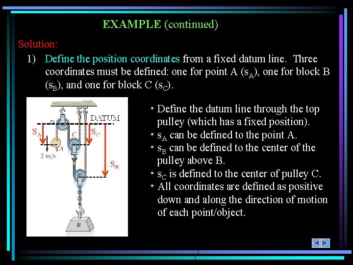 EXAMPLE (continued) Solution: 1) Define the position coordinates from a fixed datum line. Three