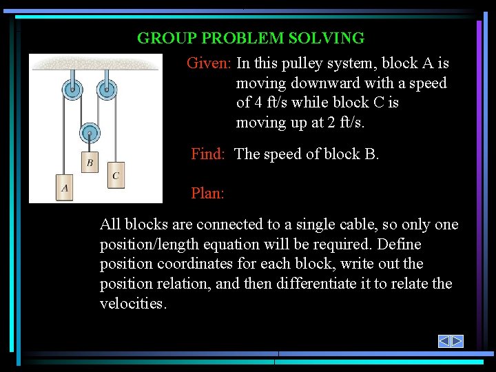 GROUP PROBLEM SOLVING Given: In this pulley system, block A is moving downward with