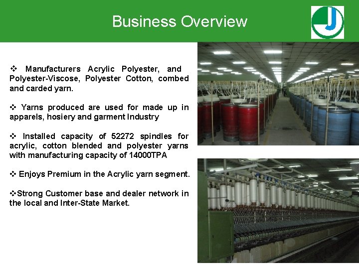 Business Overview v Manufacturers Acrylic Polyester, and Polyester-Viscose, Polyester Cotton, combed and carded yarn.