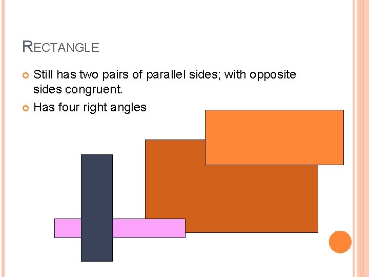 RECTANGLE Still has two pairs of parallel sides; with opposite sides congruent. Has four