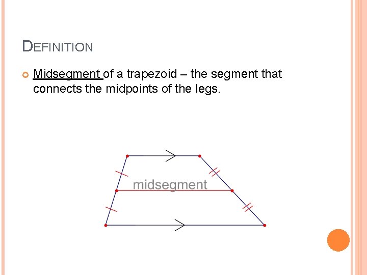 DEFINITION Midsegment of a trapezoid – the segment that connects the midpoints of the