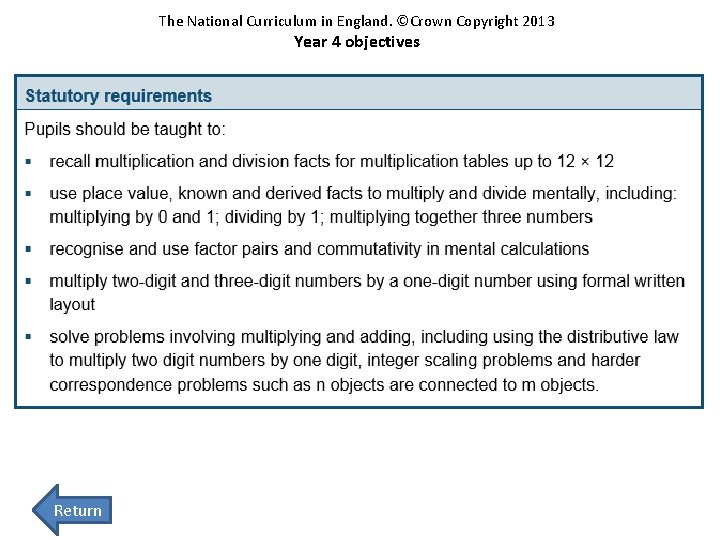 The National Curriculum in England. ©Crown Copyright 2013 Year 4 objectives Return 