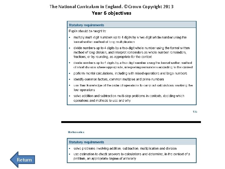 The National Curriculum in England. ©Crown Copyright 2013 Year 6 objectives Return 