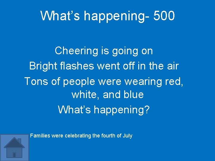 What’s happening- 500 Cheering is going on Bright flashes went off in the air