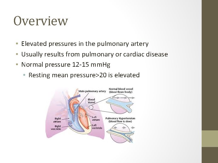 Overview • Elevated pressures in the pulmonary artery • Usually results from pulmonary or