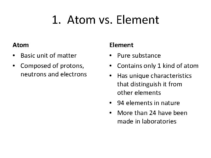 1. Atom vs. Element Atom Element • Basic unit of matter • Composed of