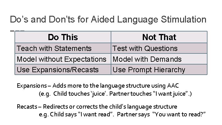 Do’s and Don’ts for Aided Language Stimulation Do This Not That Teach with Statements