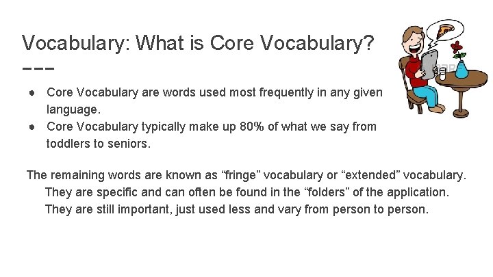 Vocabulary: What is Core Vocabulary? ● Core Vocabulary are words used most frequently in