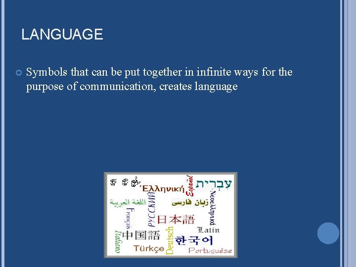 LANGUAGE Symbols that can be put together in infinite ways for the purpose of LANGUAGE Symbols that can be put together in infinite ways for the purpose of