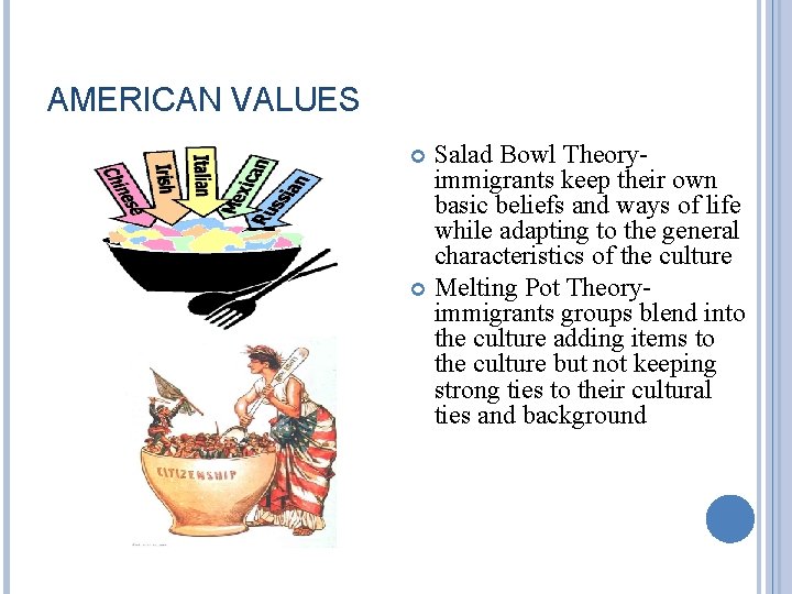 AMERICAN VALUES Salad Bowl Theoryimmigrants keep their own basic beliefs and ways of life AMERICAN VALUES Salad Bowl Theoryimmigrants keep their own basic beliefs and ways of life