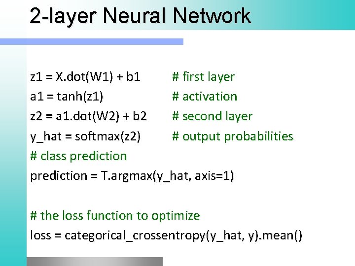 2 -layer Neural Network z 1 = X. dot(W 1) + b 1 #