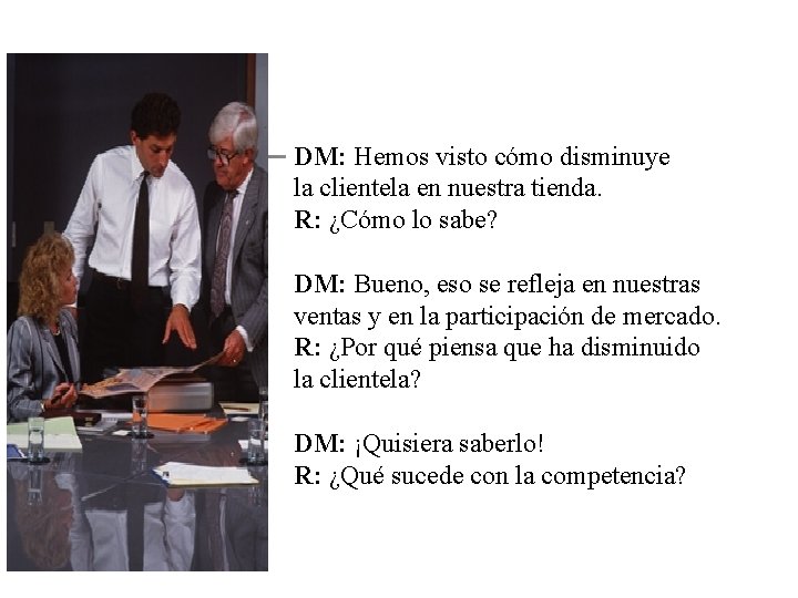 DM: Hemos visto cómo disminuye la clientela en nuestra tienda. R: ¿Cómo lo sabe?