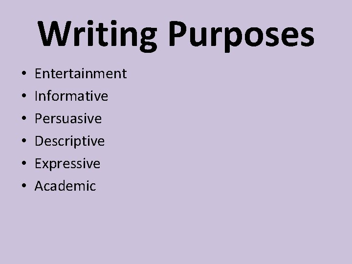 Writing Purposes • • • Entertainment Informative Persuasive Descriptive Expressive Academic 