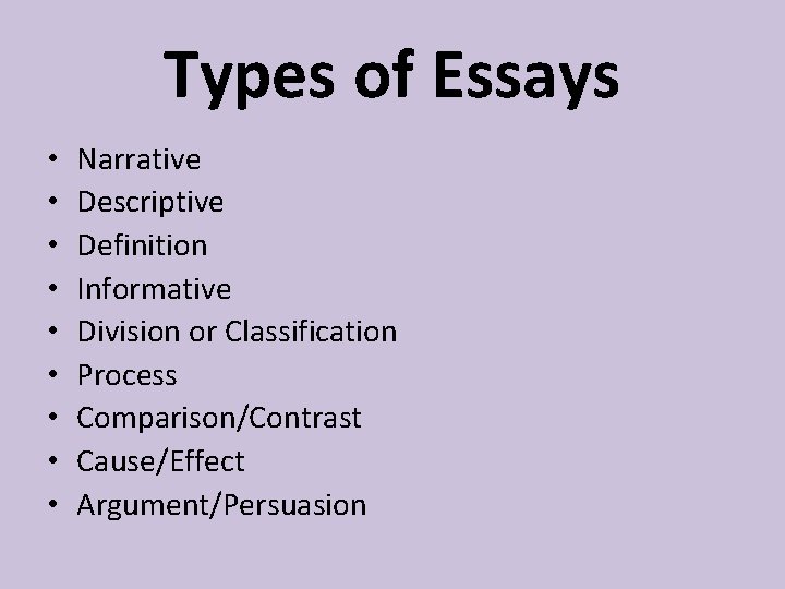 Types of Essays • • • Narrative Descriptive Definition Informative Division or Classification Process