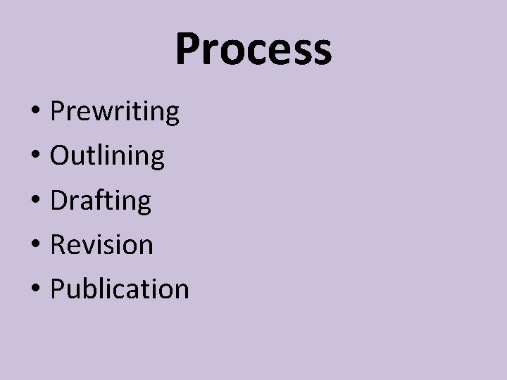 Process • Prewriting • Outlining • Drafting • Revision • Publication 