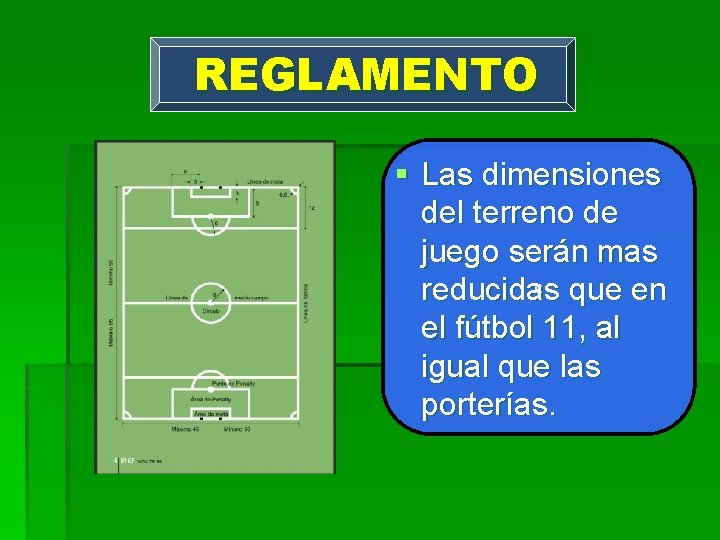 REGLAMENTO § Las dimensiones del terreno de juego serán mas c que en reducidas