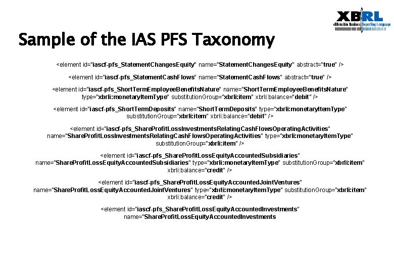 Sample of the IAS PFS Taxonomy <element id="iascf-pfs_Statement. Changes. Equity" name="Statement. Changes. Equity" abstract="true"