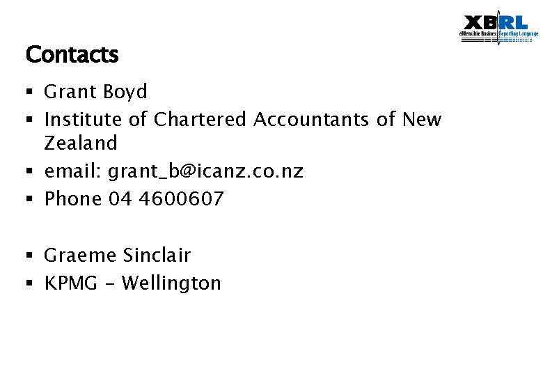 Contacts § Grant Boyd § Institute of Chartered Accountants of New Zealand § email: