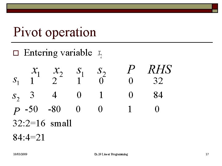 Pivot operation o Entering variable 1 2 1 3 4 0 -50 -80 0