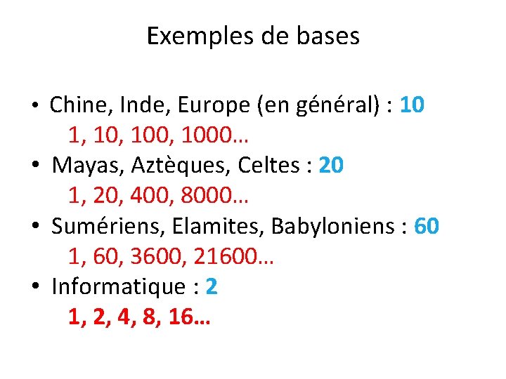 Exemples de bases • Chine, Inde, Europe (en général) : 10 1, 100, 1000…