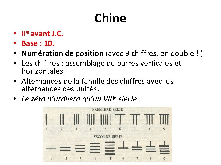 Chine IIe avant J. C. Base : 10. Numération de position (avec 9 chiffres,