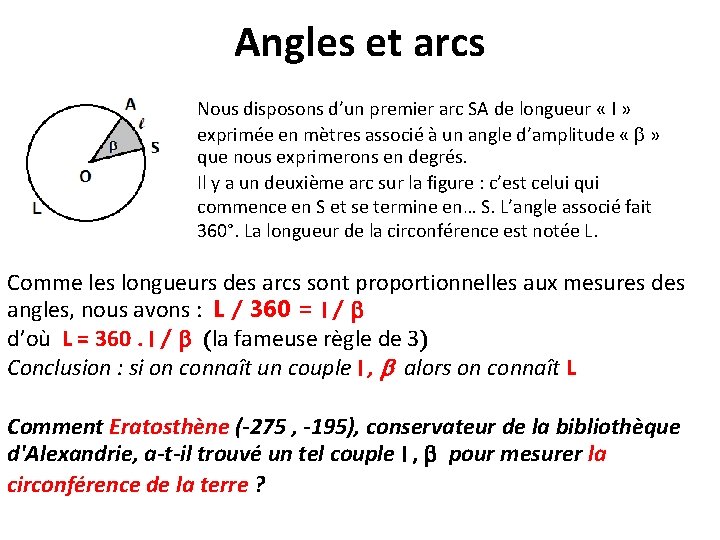 Angles et arcs Nous disposons d’un premier arc SA de longueur « l »