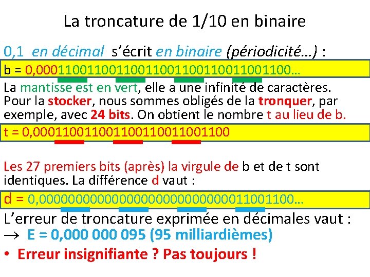 La troncature de 1/10 en binaire 0, 1 en décimal s’écrit en binaire (périodicité…)