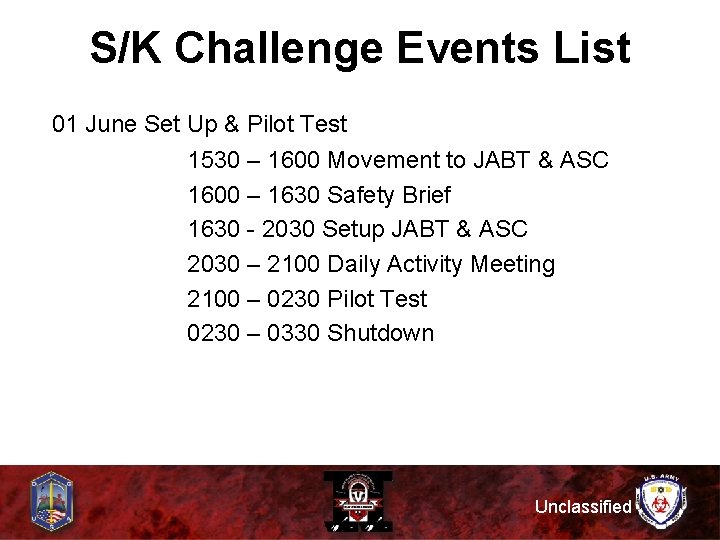 S/K Challenge Events List 01 June Set Up & Pilot Test 1530 – 1600