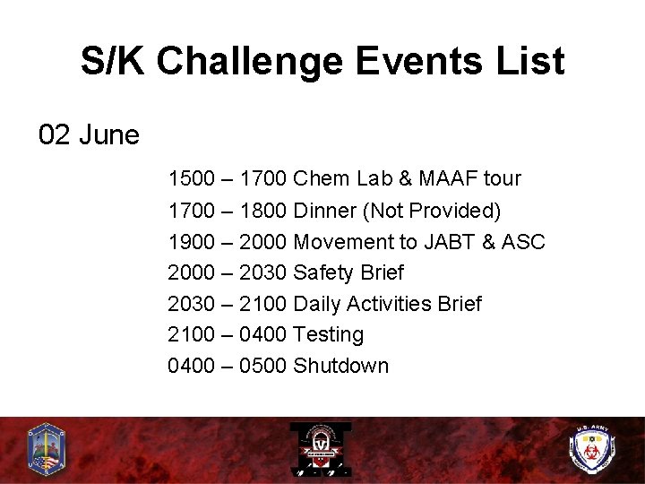 S/K Challenge Events List 02 June 1500 – 1700 Chem Lab & MAAF tour