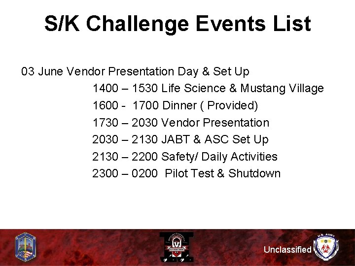 S/K Challenge Events List 03 June Vendor Presentation Day & Set Up 1400 –