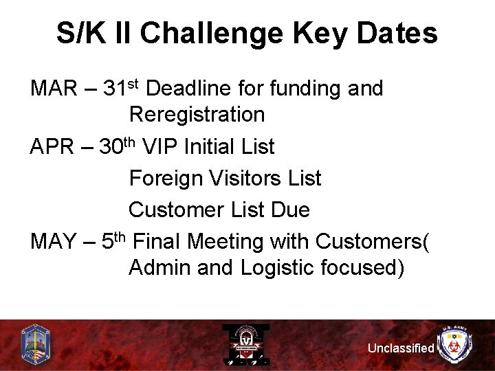 S/K II Challenge Key Dates MAR – 31 st Deadline for funding and Reregistration