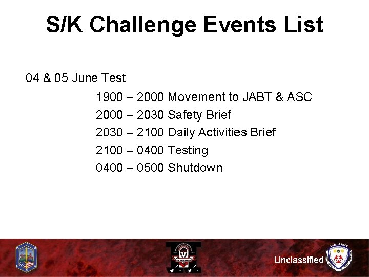 S/K Challenge Events List 04 & 05 June Test 1900 – 2000 Movement to