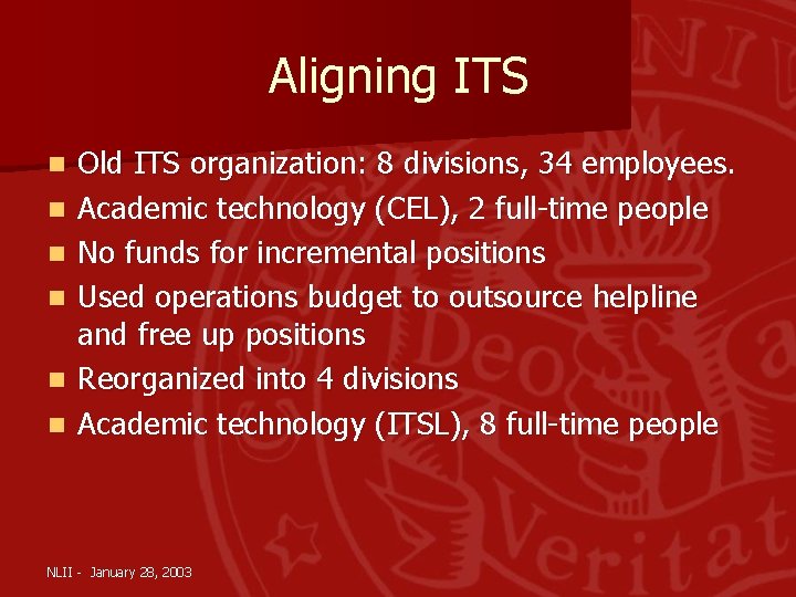 Aligning ITS n n n Old ITS organization: 8 divisions, 34 employees. Academic technology