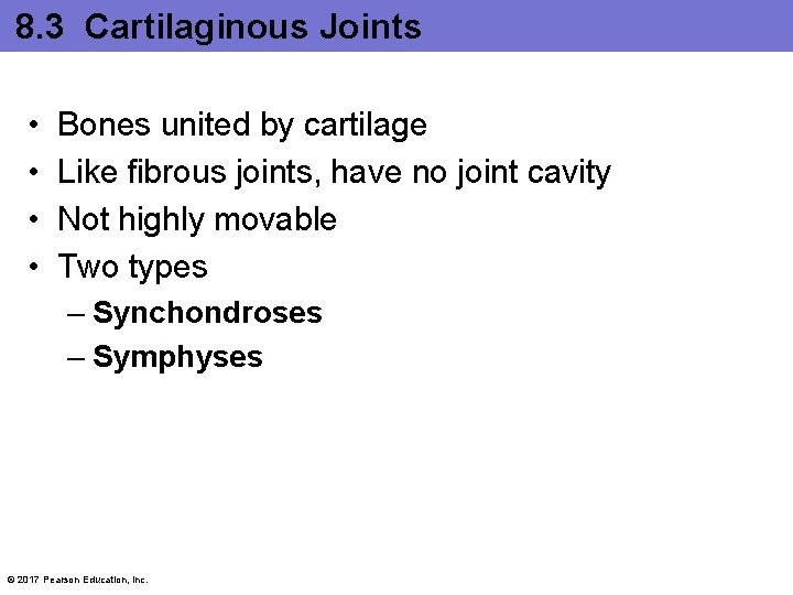 8. 3 Cartilaginous Joints • • Bones united by cartilage Like fibrous joints, have