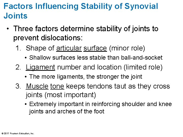 Factors Influencing Stability of Synovial Joints • Three factors determine stability of joints to