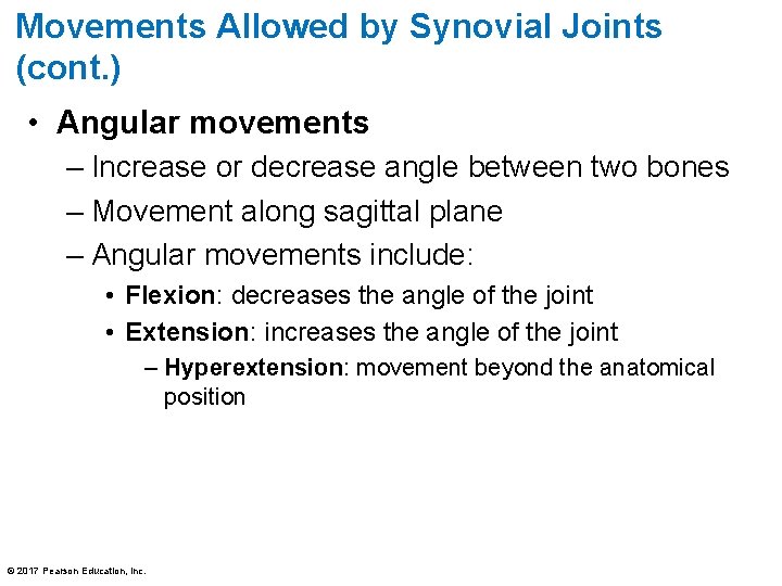 Movements Allowed by Synovial Joints (cont. ) • Angular movements – Increase or decrease