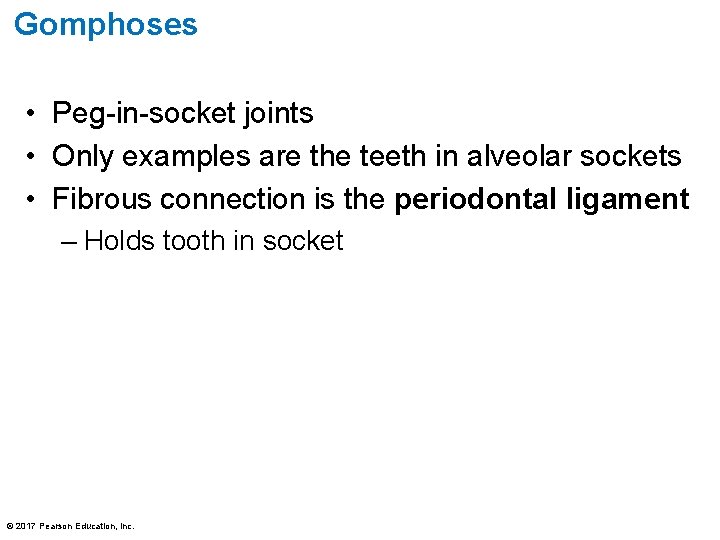 Gomphoses • Peg-in-socket joints • Only examples are the teeth in alveolar sockets •