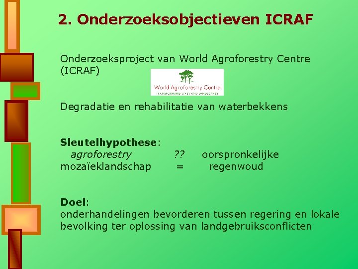 2. Onderzoeksobjectieven ICRAF Onderzoeksproject van World Agroforestry Centre (ICRAF) Degradatie en rehabilitatie van waterbekkens