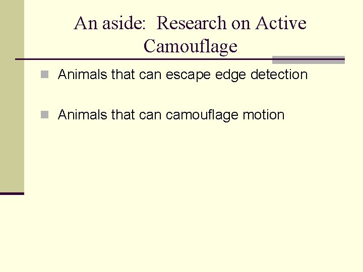 An aside: Research on Active Camouflage n Animals that can escape edge detection n