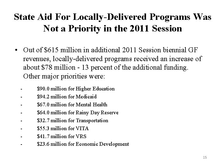 State Aid For Locally-Delivered Programs Was Not a Priority in the 2011 Session •