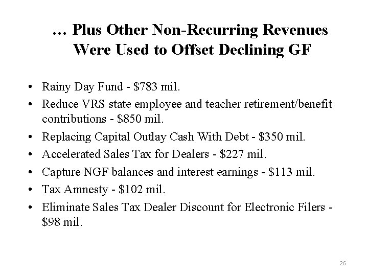 … Plus Other Non-Recurring Revenues Were Used to Offset Declining GF • Rainy Day