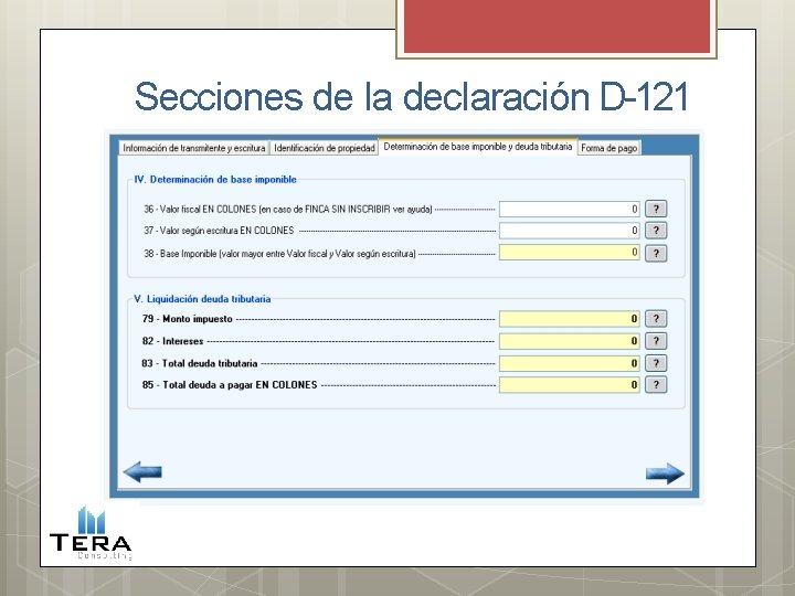 Secciones de la declaración D-121 