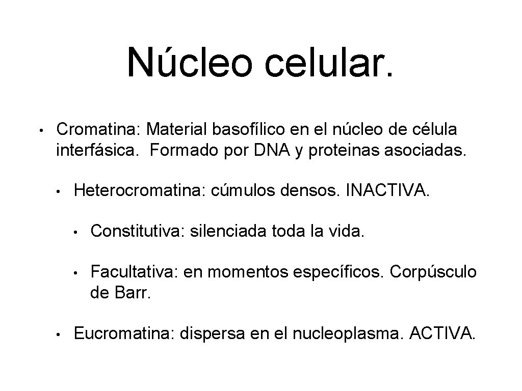 Núcleo celular. • Cromatina: Material basofílico en el núcleo de célula interfásica. Formado por