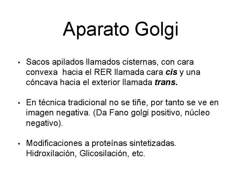 Aparato Golgi • Sacos apilados llamados cisternas, con cara convexa hacia el RER llamada