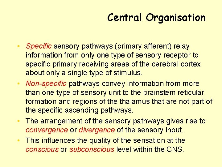 Central Organisation • Specific sensory pathways (primary afferent) relay information from only one type