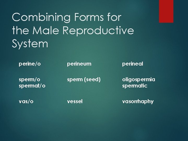 Combining Forms for the Male Reproductive System perine/o perineum perineal sperm/o spermat/o sperm (seed)